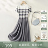 ihimi海谧条纹网纱拼接连衣裙，女2024夏季修身短袖中长款裙子