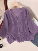 夏季紫色镂空针织衫，女式五分袖开衫宽松蕾丝，披肩外搭绿色上衣