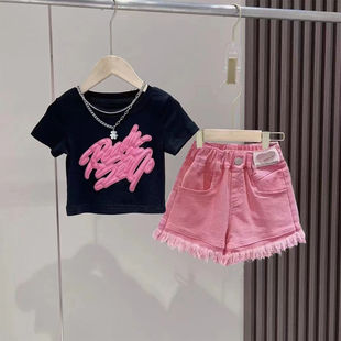 女童夏季套装2024韩版儿童洋气修身字母T恤时髦短裤两件套潮
