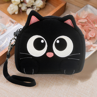 日本设计kine猫棉布手工，可爱卡通黑猫简约拉链，零钱包手腕收纳包女