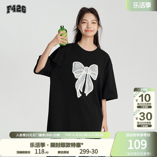 F426店国潮牌夏季情侣宽松休闲趣味蕾丝蝴蝶结短袖T恤