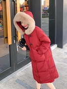 红色白鸭绒羽绒服女中长款2023时尚法式冬季加厚大毛领外套潮