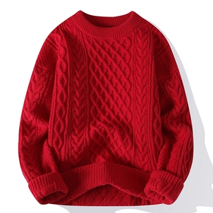 龙年本命年毛衣大红色男冬季纯色，高级感针织衫，潮牌麻花情侣装外套