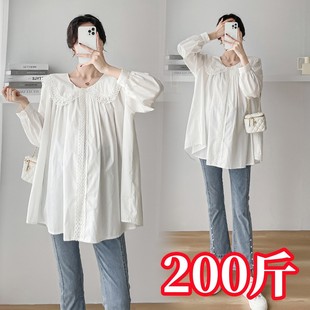 大码孕妇娃娃领长袖雪纺衫春秋季韩版减龄衬衫胖mm哺乳上衣200斤
