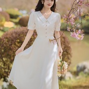 改良旗袍夏季法式复古白色V领中长款日常可穿气质礼服改良连衣裙