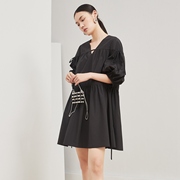 dekashell迪卡轩2024黑色，显瘦中袖连衣裙，中长款裙子宽松显瘦女裙
