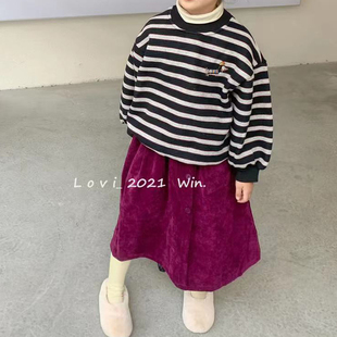 韩版儿童上衣冬季新女童加厚抓绒圆领条纹卫衣紫红色灯芯绒半身裙