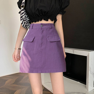 辣妹牛仔裙大码女早春设计感小众高腰遮肚子短裙小个子紫色半身裙