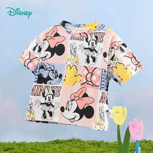 迪士尼童装女童短袖T恤夏季满印米妮宝宝中大童潮酷纯棉上衣