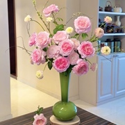 法式中古天鹅颈琉璃花瓶高级感橄榄绿客厅插花仿真花装饰品摆件
