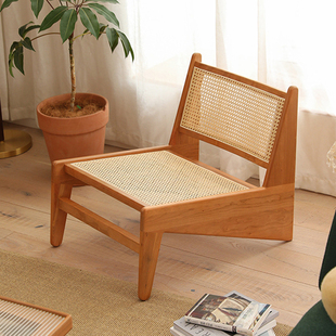 躺椅沙发椅实木藤椅，中古侘寂复古单人民宿，设计藤编昌迪加尔袋鼠椅