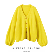 重磅加厚!柠檬黄灯笼袖，v领粗针羊绒毛衣，开衫女纯羊绒针织开衫