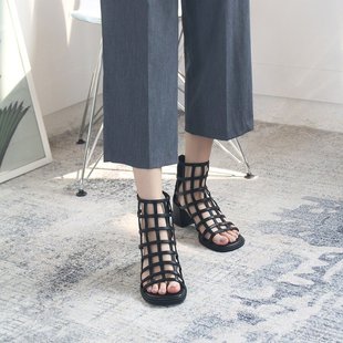 韩国东大门夏季网状编织镂空性感粗跟高跟鞋，时尚露趾后拉链凉靴