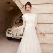 越南小众品牌MINT 2023年秋季限定纯白波点蕾丝薄纱高腰连衣裙