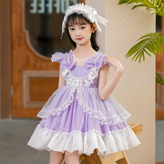 女童洛丽塔紫色礼服公主蓬蓬连衣裙短袖甜美蕾丝B类儿童演出服