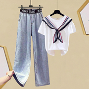 韩版女套装夏季荷叶边系带丝巾，上衣t恤女+高腰显瘦牛仔阔腿裤
