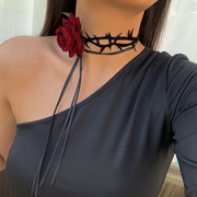 红色玫瑰花织带项链女欧美夏季性感优雅时尚网红旅拍度假个性颈链