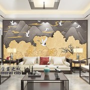 北欧风格客厅电视背景墙壁纸简约现代山水墙布中式轻奢金箔壁画