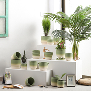 杂货风渐变色橄榄绿陶瓷花盆创意造型手工陶土透气蝴蝶兰绿植盆栽