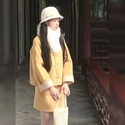 新中式黄色毛呢外套2023年冬季洋气，百搭半身裙轻奢风气质套装