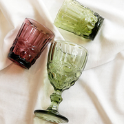 米诺欧式复古ins浮雕玻璃水杯高脚杯，红酒杯复古绿厚实玻璃杯酒杯