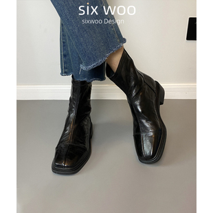 sixwoo软底低跟短靴女羊皮方头，后拉链靴子2023秋冬复古做旧