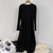 韩代订单款高腰显瘦圆领黑色针织拼接连衣裙2024春季新长袖中长裙