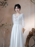 拾光裁缝雾法式复古白色植绒甜美公主连衣裙