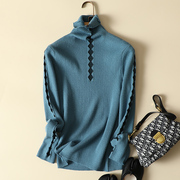 韩国蓝色堆堆高领毛衣女秋冬蕾丝打底衫修身显瘦羊毛针织上衣