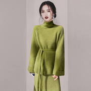 qir绿色针织毛衣套装，女2024早春法式气质女神范半身裙两件套