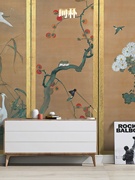 新中式复古风定制壁画仙鹤屏风茶室玄关墙纸壁画卧室电视背景墙布