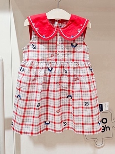 韩国童装夏女童(夏女童，)宝宝红色格纹大翻领，可爱甜美连衣裙娃娃裙