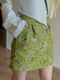 JophondLou量身复古绿色印花短裙显腿长气质花苞半身裙2022夏