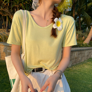 莫代尔短袖T恤女夏季薄款2024年纯色大领口体恤宽松冰丝上衣