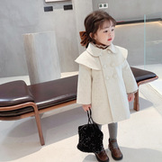 2023韩版冬装女童加厚外套呢大衣宝宝儿童斗篷娃娃领毛呢8898