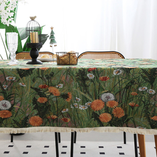 复古浪漫餐桌布艺茶几，布长方形提花桌布，田园油画感绿色装饰盖布