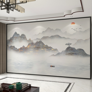 墙纸定制新中式淡雅山水电视，背景墙壁纸客厅，壁布装饰影视墙布壁画