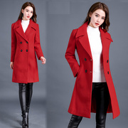 冬季小清新加厚毛呢，大衣女中长款韩版修身流行红色赫本风呢子外套