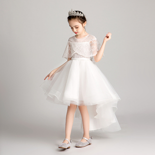 花童公主裙婚礼洋气女童走秀礼服白色前短后长儿童婚礼钢琴演出服