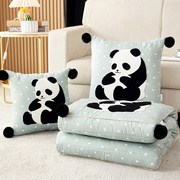 可爱熊猫抱枕被子两用水洗棉麻夏凉被午休毯沙发午睡空调被二合一