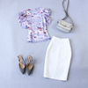 夏季紫色雪纺薄款短袖，小衫衬衫上衣+白包臀西装半裙套装