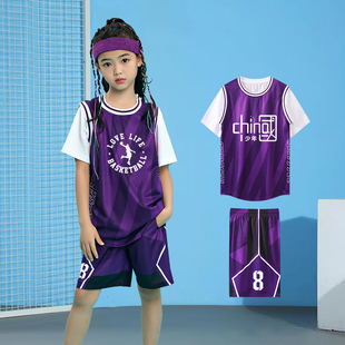 女童短袖篮球服套装女生假两件T恤比赛训练服儿童球衣篮球男班服