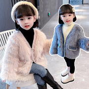 女童冬装仿皮草外套2023冬季儿童装，小女孩洋气韩版加厚夹棉毛毛衣
