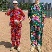 中国风男装东北大花布亚麻套装，男短袖唐装夏季棉麻印花t恤两件套