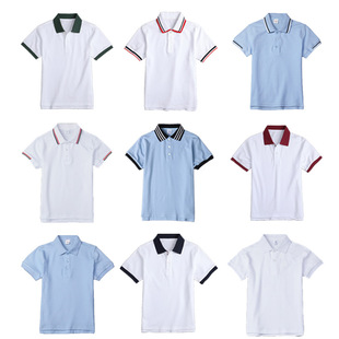 儿童polo衫短袖白色浅蓝色，中小学生校服男童，女童枣红半袖t恤薄款