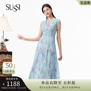 SUSSI/古色23夏蓝色雪纺碎花方领法式短袖透气连衣裙女