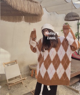 韩国冬季中长款菱形格条纹毛衣女宽松大码圆领长袖加厚针织衫