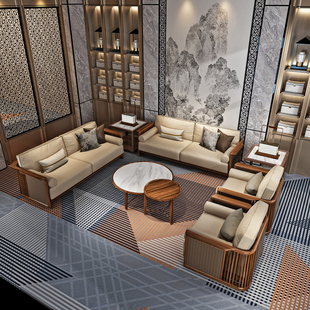 新中式实木沙发组合乌金木客厅家具别墅轻奢头层牛皮茶几椅子定制