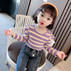 女童长袖条纹t恤春秋装，2024韩版中小童，洋气泡泡袖上衣宝宝打底衫