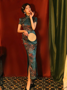 蓝色旗袍2022年女夏季长款蚀骨古法高端高级中国风女装连衣裙